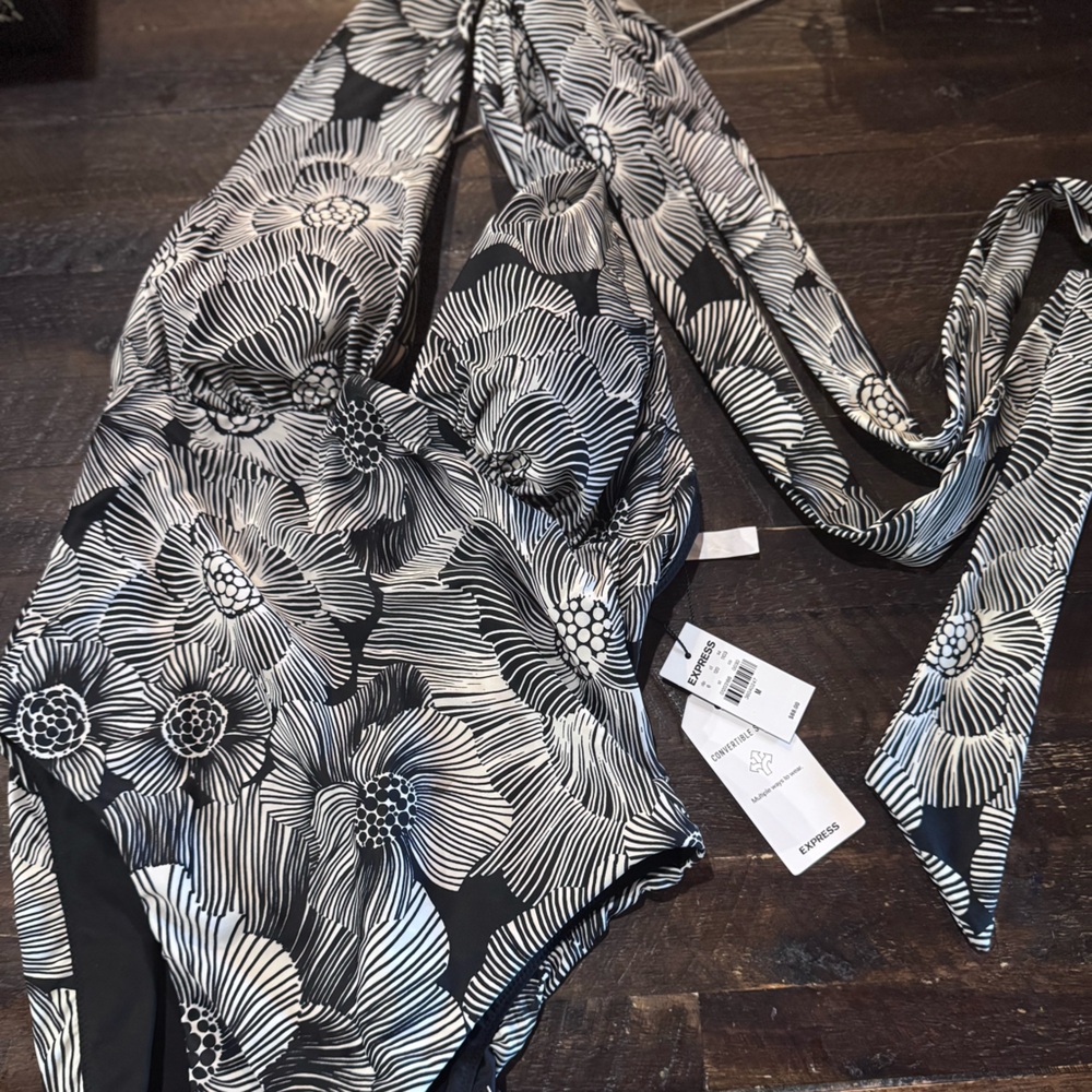 Express Black and White Floral One-Piece Swimsuit